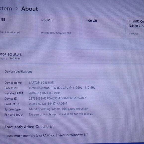 HP 14 Laptop Intel Celeron N4120 4GB RAM 128GB eMMC Win 11 Pro Office PC
